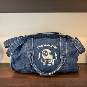 Rare Wrangler True Wanderer “Glory Road” Blue Denim Duffel Bag, 18”x10”